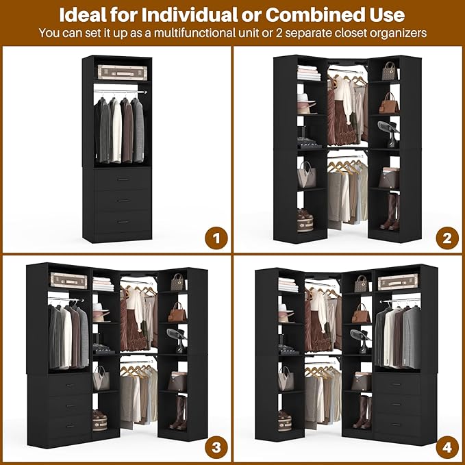 Corner Closet System with 3 Drawers, Corner Closet Organizer System with 13 Shelves & 3 Hanging Rods, 63.2"L * 39.2"W Reversible L Shaped Walk-in Closets, Load 2000+LBS, Black