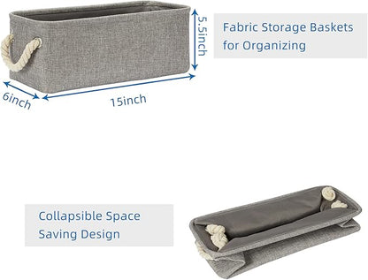 Temary Small Storage Baskets for Organizing, Narrow Baskets for Storage Toilet Paper Rolls, Fabric Baskets with Handles for Closets, Cabinets, Shelves (Grey, 15Lx6Wx5.5H Inches)