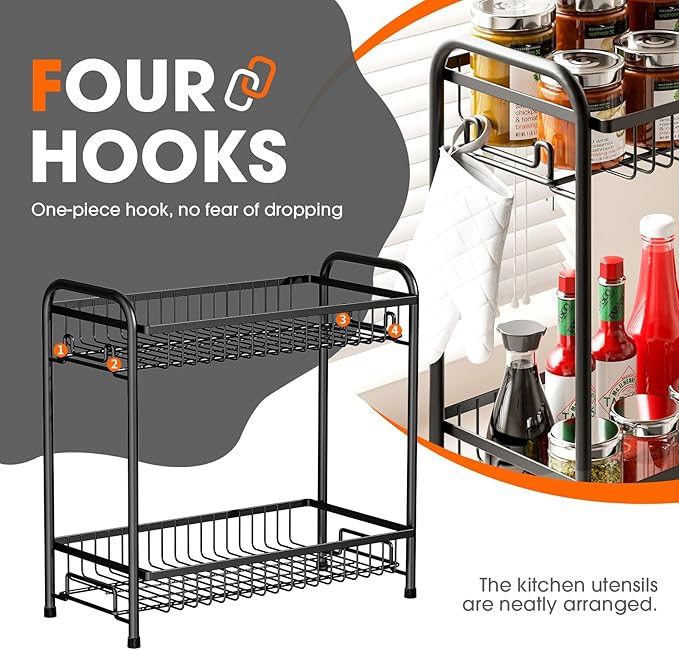 Spice Rack for Countertop, 2-Tier Standing Sturdy Metal Seasoning Organizer Holder, Space Saving Spice Shlef for Kitchen, Cabinet, Pantry Storage, Easy Assembly, Black