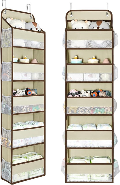 Yecaye 2 Pc Over the Door Organizer with 5 Bins 10 Side Pockets, 44lbs Load Hanging Bathroom and Bedroom Organizer, behind the Door Hanging Organizers for Nursery Newborn Baby Essential Stuff Beige