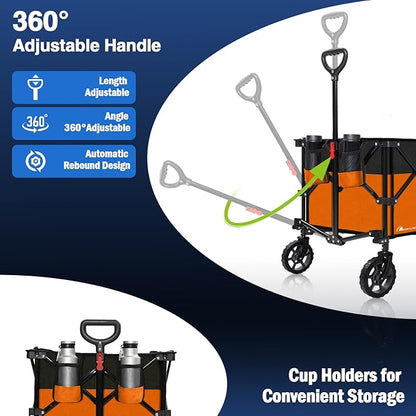 Moon Lence Collapsible Folding Wagon Cart Heavy Duty Folding Garden Portable Hand Cart with All-Terrain Beach Wheels, Adjustable Handle & Drink Holders (Orange & Ivory)