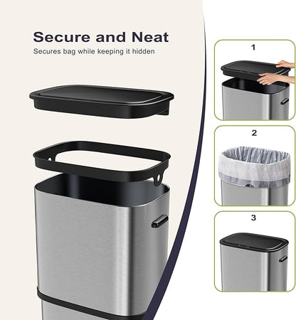 16 Gallon Kitchen Trash Can with Lid, 60L Touchless Motion Sensor Trash Can, Waterproof Brushed Stainless Steel Trash Bin, Automatic Garbage Can for Bedroom, Bathroom, Office, Living Room
