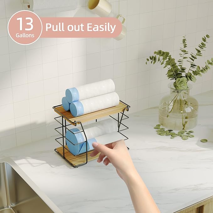 Trash Bag Holder/Dispenser with Lid, Stackable Storage Laundry Kitchen Organizers for Countertop Organization, Wall Mount Trash Bag Holder under Sink, No Drill