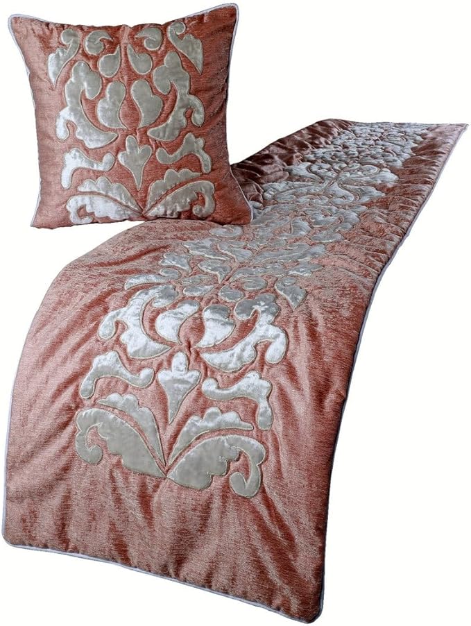 The HomeCentric Decorative Peach & Ivory Twin 53 x 18 inch Bed Runner with 2 Pillow Cover Set, Velvet Applique Bed Scarf, Abstract Modern - Peach Elegance