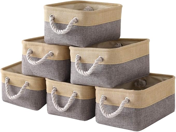 Fabric Storage Baskets for Organizing(6 Pack) Small Baskets for Shelves,storage, Laundry, Nursery, Closets, Decorative Baskets for Gifts Empty (Grey & gold, 11.8” x 7.8” x 5.1”)