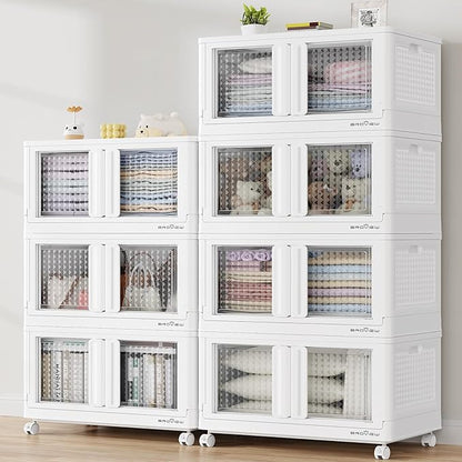 BROVIEW 140Gal Stackable Storage Bins with Lids & Wheels, 560Qt Plastic Collapsible Closet Organizer and Storage Drawers, Storage Boxes Cabinets for Home, Office, 7 Pack, White