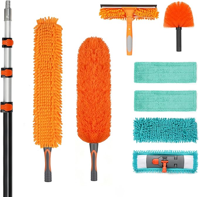 20ft High Ceiling Duster Kit with 5-12ft Heavy-Duty Extension Pole, Cobweb Duster, Ceiling Fan Duster, Window Squeegee & Cleaner, Microfiber Duster, Wall Mop for Home High Reach Cleaning