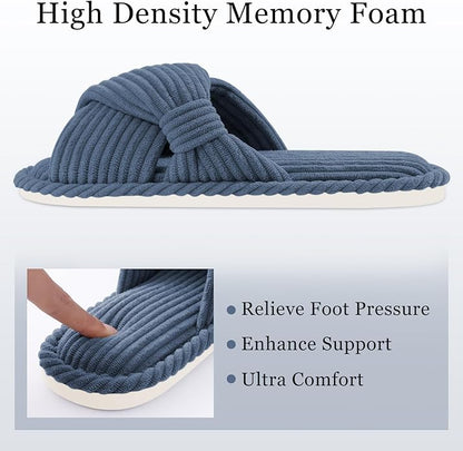 Evshine Summer House Slippers for Women Corduroy Cross Bow Indoor Slippers Open Toe Slip On Bedroom Shoes with Memory Foam