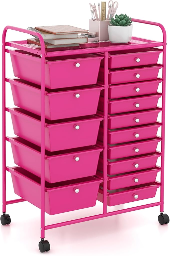 GOFLAME 15-Drawer Rolling Storage Cart, Multipurpose Movable Organizer Cart, Utility Cart for Home, Office, School, Hot Pink