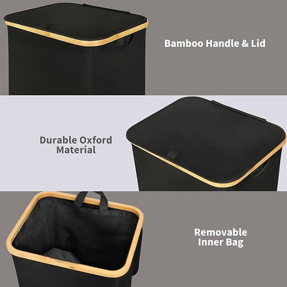 100L Laundry Basket with Lid and Net Bag, Tall Laundry Hamper with Bamboo Handles, Aesthetic Dirty Clothes Bin for Laundry Room, Bathroom, Bedroom and Dorm, Black