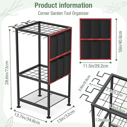 Garden Tool Organizer,Metal Yard Tool Organizer,Holds 50 Long-Handled Tools/Rakes/Brooms,Side Garden Pocket,Heavy Duty Steel Yard Tool Storage Rack for Garage,Shed, Outdoor