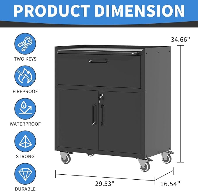 Metal Storage Cabinet with Wheels, Lockable Garage Cabinet with 2 Doors and 1 Drawer, Rolling Tool Storage, Assembly Required, Black