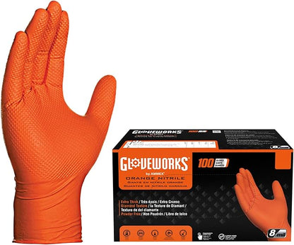 GLOVEWORKS Heavy-Duty Nitrile Gloves, Disposable, Latex Free, 8 Mil, Orange, Diamond Grip Glove