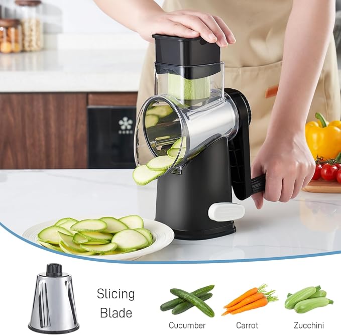 VEKAYA Cheese Grater, Cheese Grater Hand Crank, 4 Interchangeable Blades Cheese Shredder, Vegetable Slicer, Non-slip Suction Base, Easy to Clean Rotary Grater with Handle (Black)