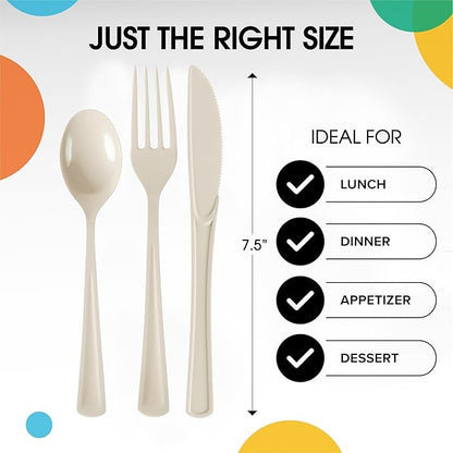 Party Solids Ivory Plastic Silverware Heavy Duty 300 Pieces Ivory Plastic Cutlery Sets, Utensil Sets, 100 Of Each Forks, Knives & Spoons Disposable Cutlery Set, Flatware Set For Party Supplies