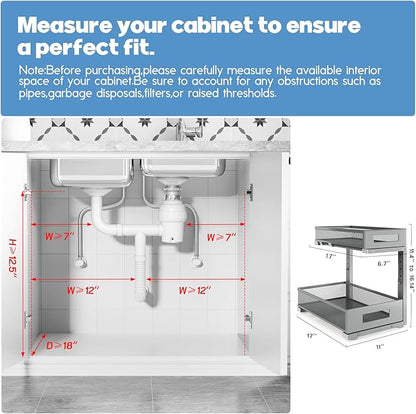 1 Pack 17IN Depth Under Sink Storage Organizer, Large 2-Tier Elegant Mesh Pull Out Shelf for Kitchen and Bathroom Cabinet Organization, L-Shaped and Adjustable Height Design-Gun Gray