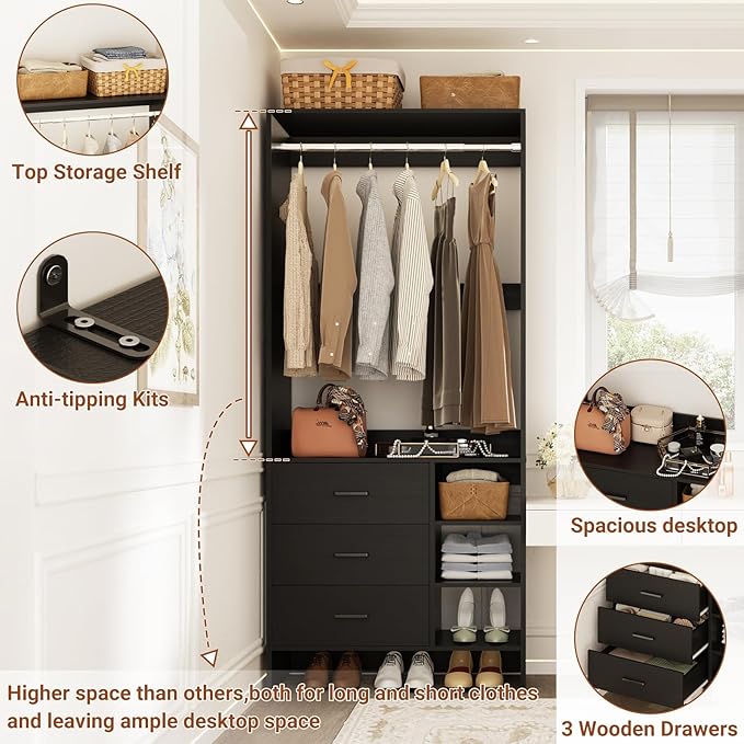 Aheaplus 2.5FT Closet System with 3 Drawers, 29.5’’ Closet Organizer, Wood Closet Organizer System, Walk-in Closet or Small Closets Wardrobe, Clothes Rack with Hanging Rods,-E6, Black