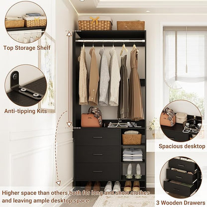 Aheaplus 2.5FT Closet System with 3 Drawers, 29.5’’ Closet Organizer, Wood Closet Organizer System, Walk-in Closet or Small Closets Wardrobe, Clothes Rack with Hanging Rods,-E6, Black