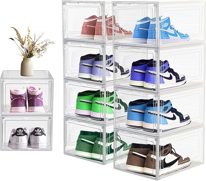 10 Pack Shoe Storage Box Clear Hard Plastic Shoe Organizer Stackable Hats Sneaker Display Case with Lids for Size 13, Clear