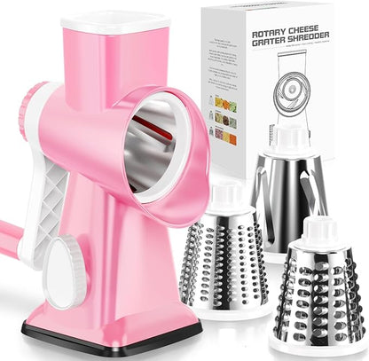 KEOUKE Rotary Cheese Grater Hand Crank Pink - Shredder Slicer Grinder 3 Stainless Steel Blades, Stable Suction, Labor-Saving Handle, Safe Kitchen Tool for Cheese, Vegetable, Nuts, Chocolate