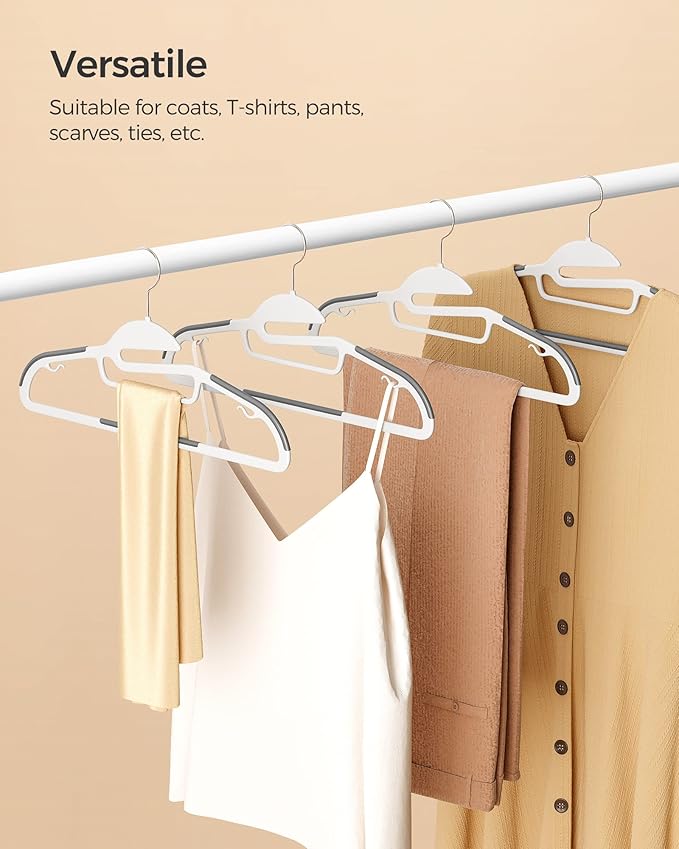 SONGMICS 50 Pack Coat Hangers, Heavy-Duty Plastic Suit Hangers, S-Shaped Opening, Space-Saving, 360º Swivel Hook, 16.3 Inches Wide, Cloud White and Dark Gray UCRP041WG03