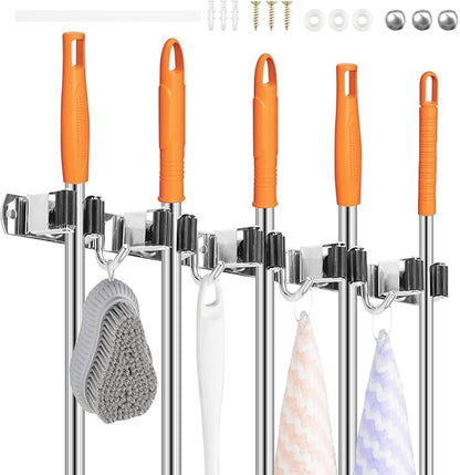 5Pcs 5 Racks 4 Hooks Stainless Steel Broom Mop Holder Anti Slip Wall Mount Broom Storage Rack Strong Load Bearing Waterproof Mop Broom Organizer for Bathroom Kitchen Garage