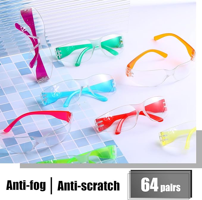 Chumia 64 Pcs Kids Safety Glasses Scratch Impact Resistant Safety Goggles Anti Fog Protection Glasses with Clear Lens