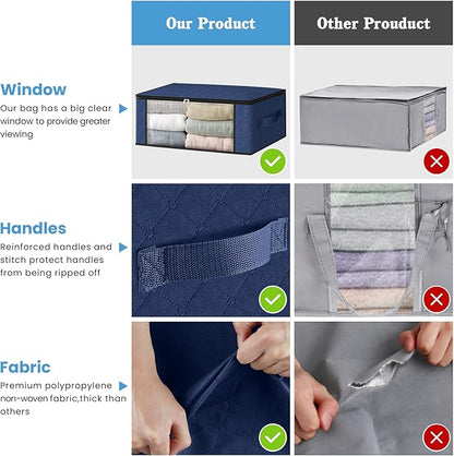 HomeHacks Storage 10-Pack Clothes Organizer Storage Bags Foldable Storage Box with Large Clear Window Sturdy Handles for Closet, Dorm, Pillows, Bedding, Clothes, Blankets, 35L, Blue