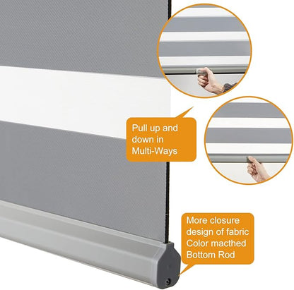 Persilux Cordless Zebra Blinds for Windows Free-Stop Roller Window Shades (58" W X 64" H, Grey) Dual Layer Light Control for Day and Night, Light Filtering Sheer Shades for Home, Easy to Install