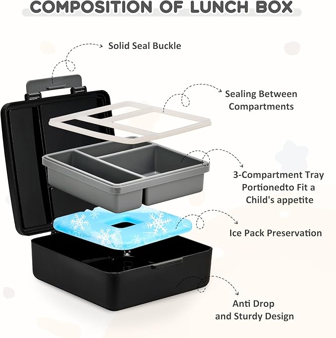 Lunch Box Set with Bento Box Container, 17OZ Stainless Steel Food Soup Thermo, Kids Water Bottle & Portable Insulated Lunch Bag – Leakproof, Hot/Cold Retention for School, Travel (Black-Game)