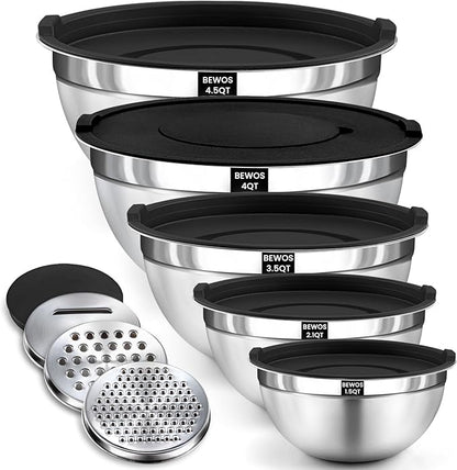 BEWOS Mixing Bowls with Airtight Lids Set - 5 Pcs Stainless Steel Mixing Bowls With 3 Grater Attachments, Size 4.5, 4, 3.5, 2.1, 1.5QT Metal Bowls for Baking and Serving (Black)