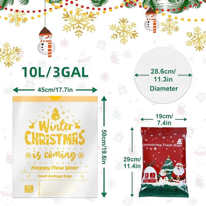 XUXRUS Small Christmas Trash Bags, 3 Gallon Christmas Garbage Bags 50 Count, Holiday Trash Bags, Festive Gold Printed Drawstring Garbage Bags for Kitchen & Bathroom, Holiday Supplies
