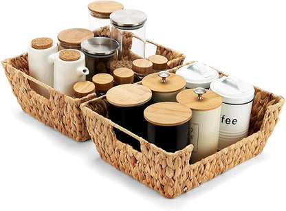 Water Hyacinth Wicker Basket 2 Pack With Handles - Pantry Storage and Organization, Handmade Large Natural Baskets for Organizing