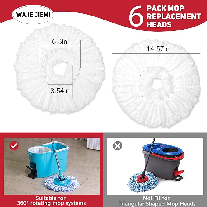6-Pack White Mop Replacement Heads with 1 Spin Mop Scrub Brush - Microfiber Replacement Mop Heads Universal for 360°Spin Magic Mopping,Round Shape Standard Size