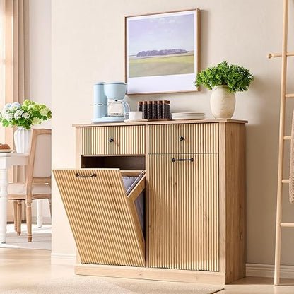 Modern Double Tilt-Out Trash Cabinet, 20 Gallon Fluted Laundry Hamper Cabinet with 2 Drawers, Wooden Hidden Garbage Can Cabinet with Storage Basket for Kitchen & Living Room, Natural Oak