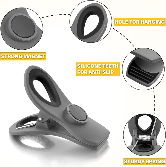 10 Pack Magnetic Chip Clips, Gray Plastic Snack Clips with Magnet for Refrigerator