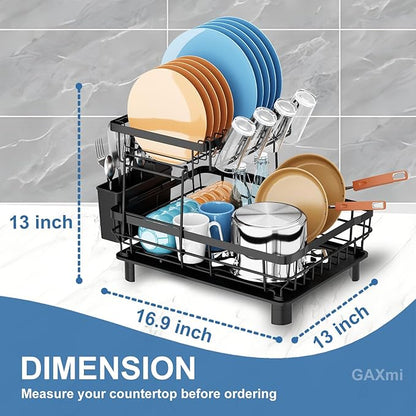 GAXmi Dish Drying Rack Over The Sink Drainer with Drainboard Utensil Holder Cup Holder, 2-Tier Black