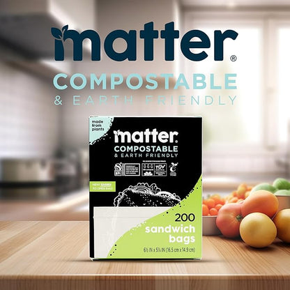 Matter Compostable Sandwich Bags for Food Storage, Eco-Friendly, Resealable, 200 Count