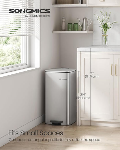 SONGMICS Kitchen Trash Can, 8-Gallon (30 L) Trash Bin, Stainless Steel Garbage Can, with Inner Bucket, Soft Close and Stays Open, Metallic Silver ULTB593E01