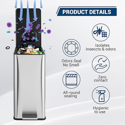 GarveeHome 4 Gallon Step Trash Can, 15 Liter Stainless Steel Rubbish Bin with Removable Inner Bucket, Rectangle Slim Garbage Can with Soft-Close Lid for Bathroom, Living Room, Office, Silver