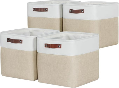 Univivi 12x12 Storage Cube Bins set of 4 Cube Organizer with Handles|Hard Bottom Fabric Closet Storage Organizer Baskets for Shelves (Khaki)
