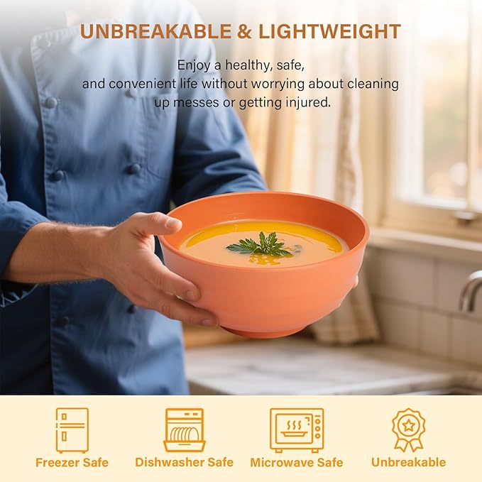 Homienly Large Bowl Set of 8, 60 oz Orange Wheat Straw Bowls, Unbreakable & Microwave Safe, Big Soup and Salad Bowls for Wedding, Party, Camping, Family Dining