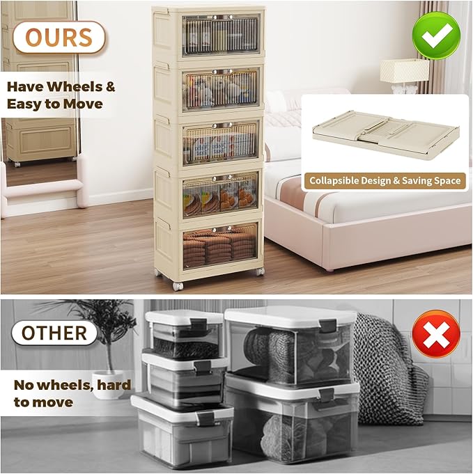 5 Tier - 48QT Storage Bins with Lids, Collapsible Storage Bins with Doors and Wheels, Plastic Storage Cabinet for Easy Storage and Organization for Living Room, Office