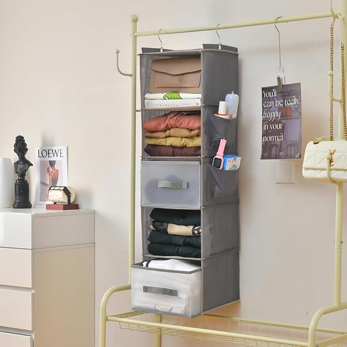 5-Tier Hanging Organizer for Closet, Fabric Closet Organizer with 2 Hooks, 2 Pull-Out Drawers, Foldable Space-Saving Storage (Gray)