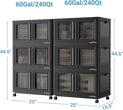 BROVIEW 120Gal Stackable Storage Bins with Lids & Wheels, 480Qt Plastic Collapsible Closet Organizer and Storage Drawers, Storage Boxes Cabinets for Home, Office, 6 Pack, Black