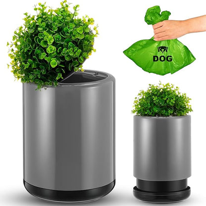 Dog Poop Trash Can Outside 13 L/ 3. 4 Gal Dog Waste Trash Can with Lid, Plant-Styled, Double-Layer Design, Outdoor Garbage Container for Front Porch Backyard Office Patio(Grey)
