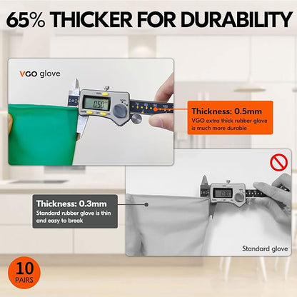 Vgo... 10-Pairs Reusable Household Gloves, Rubber Dishwashing gloves, Extra Thickness, Long Sleeves, Kitchen Cleaning, Working, Painting, Gardening, Pet Care (Size XL, Green, HH4601)