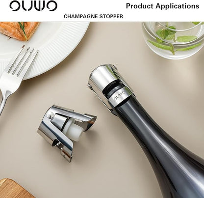 Champagne Stopper 6 Pack Stainless Steel Champagne Save with Food Grade Silicone，Leak-Proof Bubble Retaining Saver，Suitable for Champagne Prosecco Cava and Sparkling (Silver)
