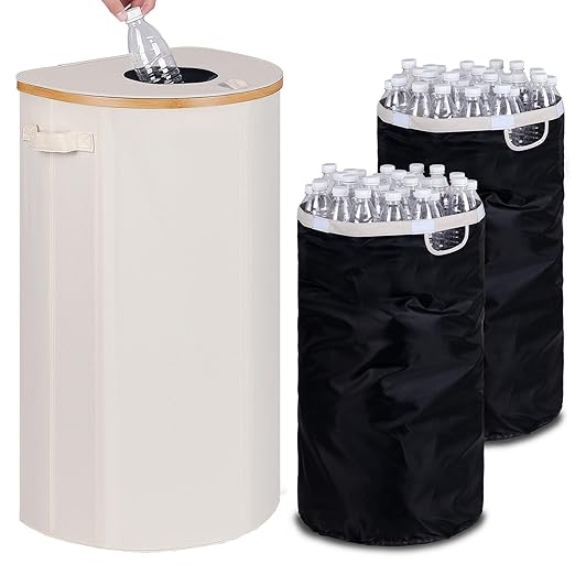 Efluky Recycling Bin 100L, 26 Gallon, Beige, D-Shaped, Oxford Fabric, 17.32"L x 12.9"W x 11.46"H, 2 Removable Inner Bags, Lightweight, Open-Top, Cycling, Kitchen