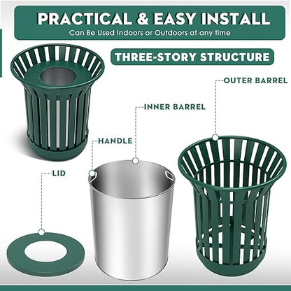 8Gallon Round Large Outdoor Trash Can, Heavy Duty Metal Slatted Garbage Can Outdoor, All Weather Resistant Commercial Garbage Cans, Waste Receptacle in Park, School, Beach, Patio (Green, Medium)